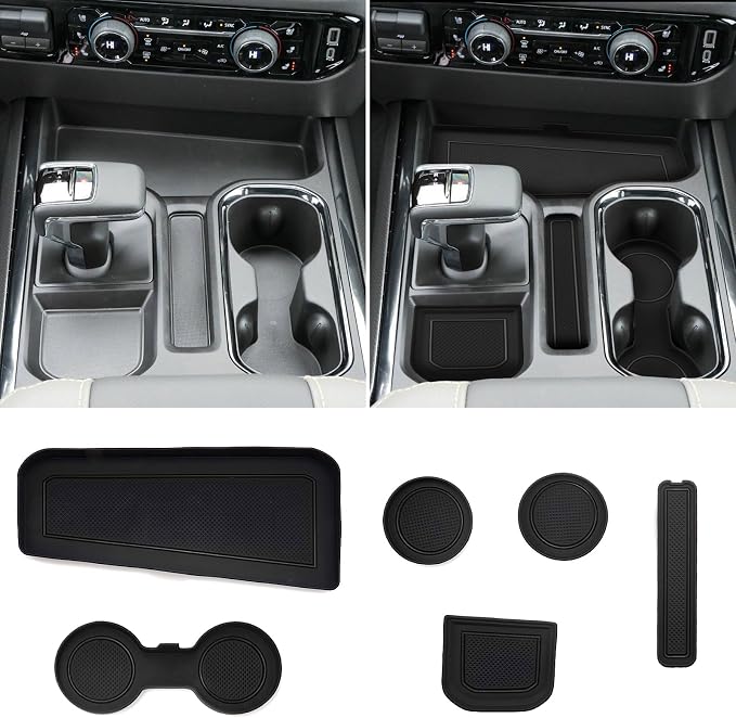for 6PCS Refreshed Models 2022-2026 Silverado/Sierra 1500 & 2024-2026 Sierra 2500 3500 Console Liners-[3D High-Edge Liquid Silicone] Cup Holder Mats,Full Console w/Bucket Seats ONLY - Black