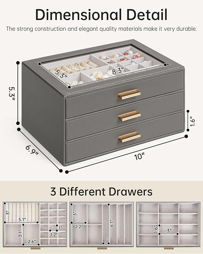 AKOZLIN Jewelry Box with Clear Lid Functional Leather Jewelry Storage Organizer Case 3 Drawers for Women Girls Necklace Ring Bracelet Earring