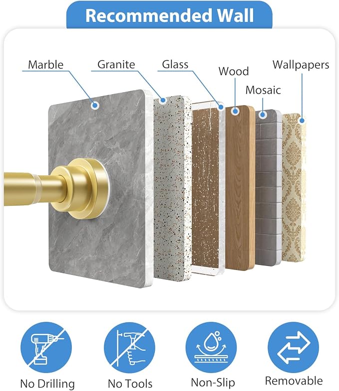 Tension Curtain Rod No Drilling Gold Spring Tension Rods for Windows 31 to 75 Inch Adjustable Curtain Rod Expandable Pressure Curtain Rod Shower Rods for Bathroom,Kitchen,Doorway