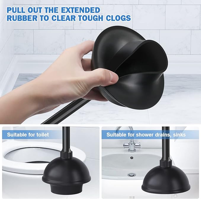 Toilet Plunger and Brush, Bowl Brush and Heavy Duty Toilet Plunger Set with Ventilated Holder, 2-in-1 Bathroom Cleaning Combo with Modern Caddy Stand for 5.7-inch Toilet Drain(Black, 2 Set)