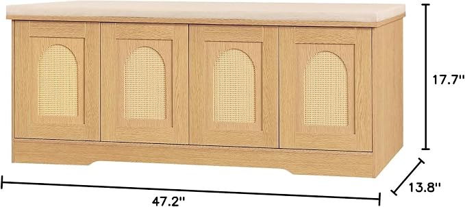 DINZI LVJ Shoe Bench, Entryway Storage Bench with Doors, Cushion, 2-Tier Shoe Rack with 8-Cubby, 47.2”L x 13.8”W Shoe Organizer Cabinet, Adjustable Shelf, Living Room, Bedroom, Natural with Rattan