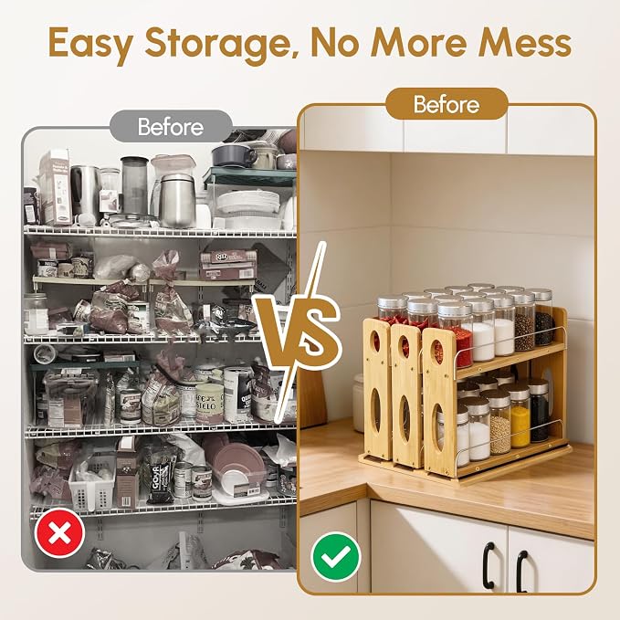 Spice Organization for Cabinet, Kitchen Pull Out Spice Rack Organizer | Bamboo Slide Out Seasoning Pantry Sliding Vertical Organizers, 7.6" Wide, 3 Drawers(2" Wide), 2 Tiers, Assemble Needed