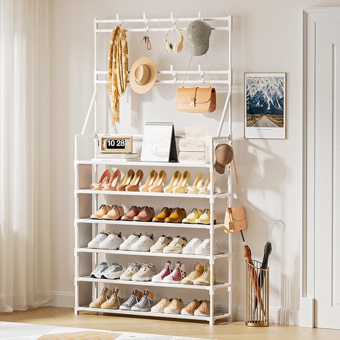 OYREL Shoe Rack 6 Tier Shoes Organizer 24-30 Pairs | Shoe Racks for Closet Front Door Entrance Large Capacity Space Saving Shoe Storage Organizer with 5 Hooks and Side Pocket