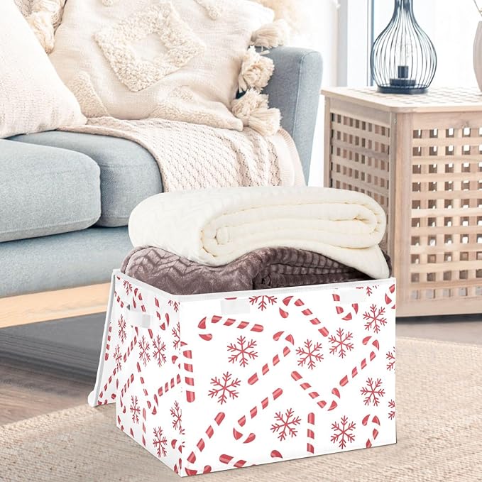 CaTaKu Large Fabric Storage Bins With Lids, Christmas Candy Canes Storage Boxes With Handles for Organizing Clothes, Collapsible Storage Cube Bins Baskets for Shelves