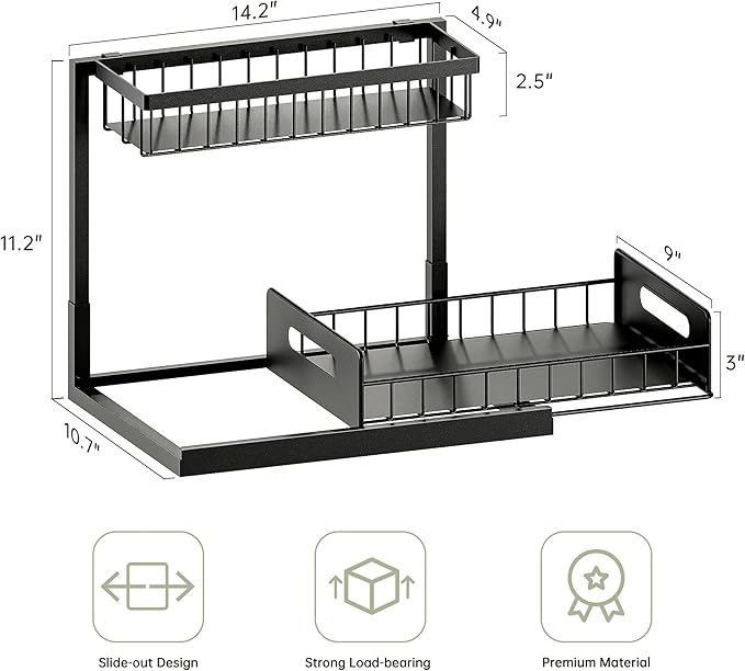 VUSIGN Under Kitchen Sink Organizer 2 Tier, Pull Out Bathroom Sink Organizers and Storage, Cabinet Kitchen Bathroom Storage Organization Shelf, 2 Pack Black
