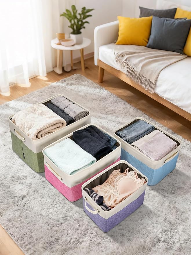 BALEINE 4 Pack Fabric Closet Storage Bins for Shelves, Linen Closet Organizers and Storage, Decorative Baskets for Organizing, Shelf, Clothes, Home, Office (Navy Blue, 17''x13''x10.5'')