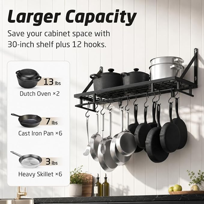 KES 30-Inch Kitchen Pan Pot Rack Wall Mounted, Hanging Storage Organizer | 88 Lbs Capacity, Wall Shelf with 12 Sturdy Hooks, 16-Inch Stud Mount, Matte Black, KUR215S75A-BK