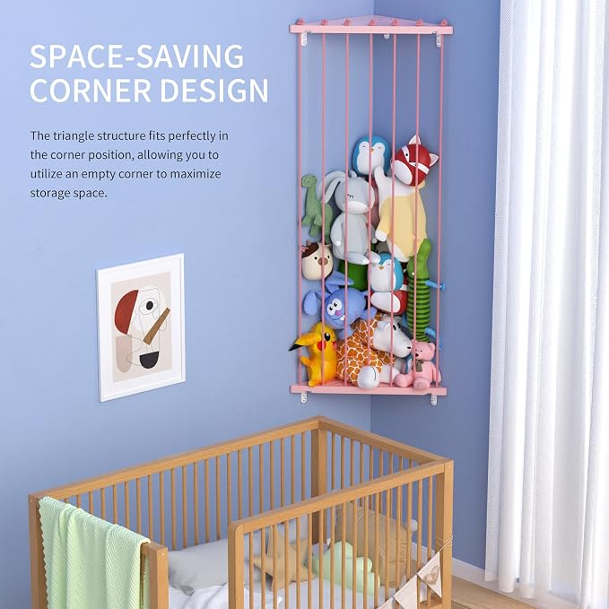 Stuffed Animal Storage Shelf Organizer(Patented) - Corner Stuffed Animal Holder Length Adjustable - Wall Plush Storage for Nursery Playroom Bedroom Kids Room (Pink, Standard)