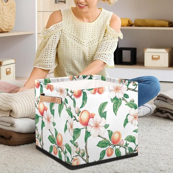 TropicalLife Floral Peach Storage Cube, 13 Inch Fabric Cube Storage Organizer Bin for Shelves Clothes, Decorative Foldable Storage Boxes