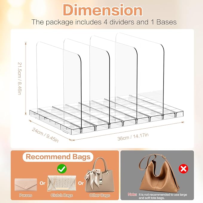Stackable Purse Organizer for Closet Shelf, Acrylic 4 Set | Adjustable Dividers, Modular purse storage System, for Handbag Wallet Paper Bag, for Woman, Keep Upright Storage