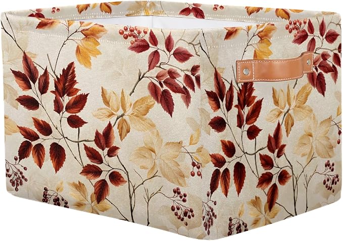 Rectangular Storage Baskets Autumn Leaves And Berries Fabric Storage Bin Toy Organizer Box with PU Leather Handles for Room Decor