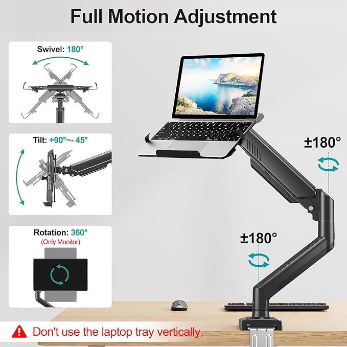MOUNT PRO Laptop Arm Mount for Desk, 2 in 1 Function Monitor Laptop Stand, Fits Max 17" Notebook and 32" Computer Screen, Aluminum Single Monitor Holder with Adjustable Tray, Holds up to 22lbs