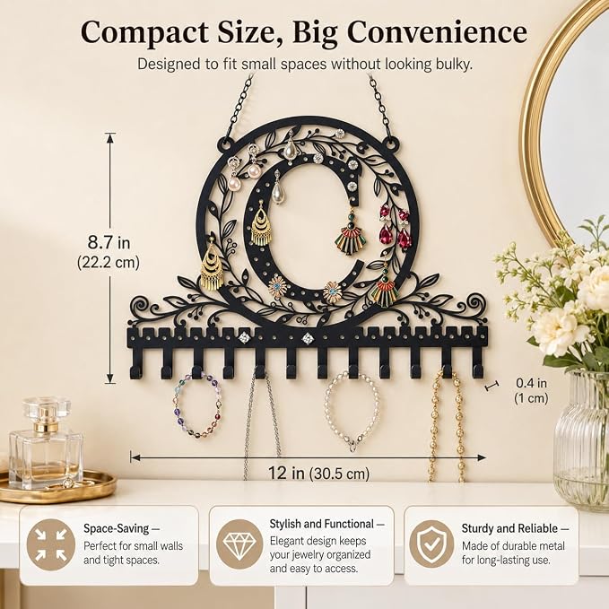 Personalized Wall Mounted Metal Initial Letter C Earring Holder Jewelry Organizer for Earrings and Necklaces Space Saving Wall Display with Hooks Jewelry Storage Bedroom Vanity Gift for Women