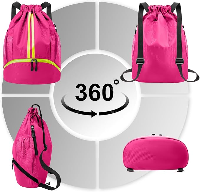 Hoedia Sports Drawstring Backpack - String Swim Gym Bag with Shoes Compartment and Wet Proof Pocket for Women and Men