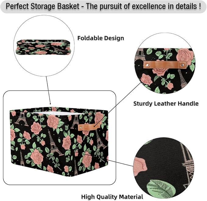 Rectangular Storage Bins Pink Rose Eiffel Tower Pattern Collapsible Fabric Storage Basket Organizer with Handles for Nursery Bedroom Bathroom