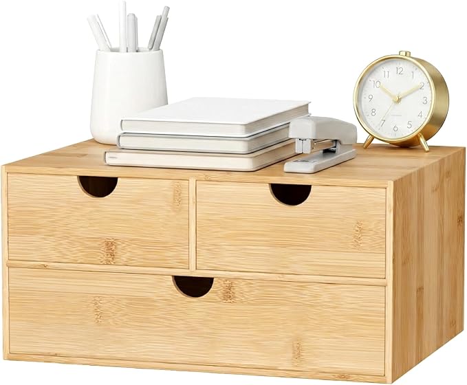 Bamboo Desk Organizer with Drawers, Desktop Storage for Office Supplies | 3 Drawers Desktop organizer, No Assembly Required, Natural Wood Wooden Desktop Drawers Box for Bills, Cosmetics, Seals, Paper