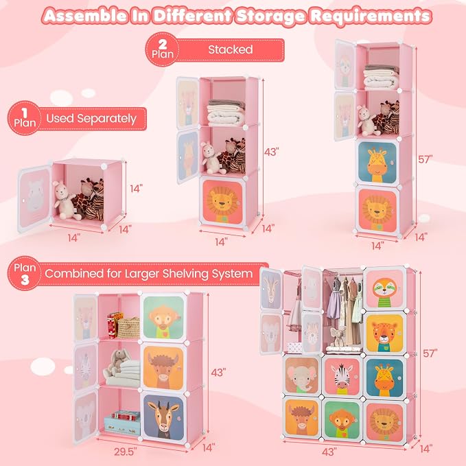 Costzon Kids Closet, Cartoon DIY Modular Dresser Storage Organizer with 12 Cubes & 2 Clothes Hanging Rack, Portable Armoire for Baby Toddlers, Kids Wardrobe for Bedroom Nursery (Pink)