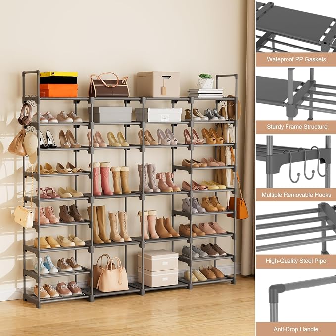 ROJASOP Large Shoe Rack Organizer for Entryway Closet 64-68 Pairs 9-Tier Heavy Duty Tall Garage Shoe Rack Shoe Shelf Shoes Storage with 18 Pcs Removable Side Hooks for Bedroom and Garage Grey