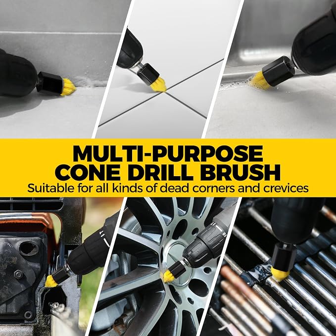 Holikme 8Pc Drill Brush Set - Scrub Brushes with Extension for Home Clean | Nylon Fibers, Power Scrubber Attachments for Tile, Tub, Shower, Floors, Kitchen and Auto Interior Care, Cleaning Tools, Black