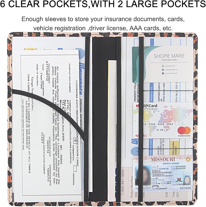 LumiMokki Premium Car Registration & Insurance Card Holder with Magnetic Shut, Vehicle Glove Box Car Organizer - For Documents, Cards, License (Leopard A)