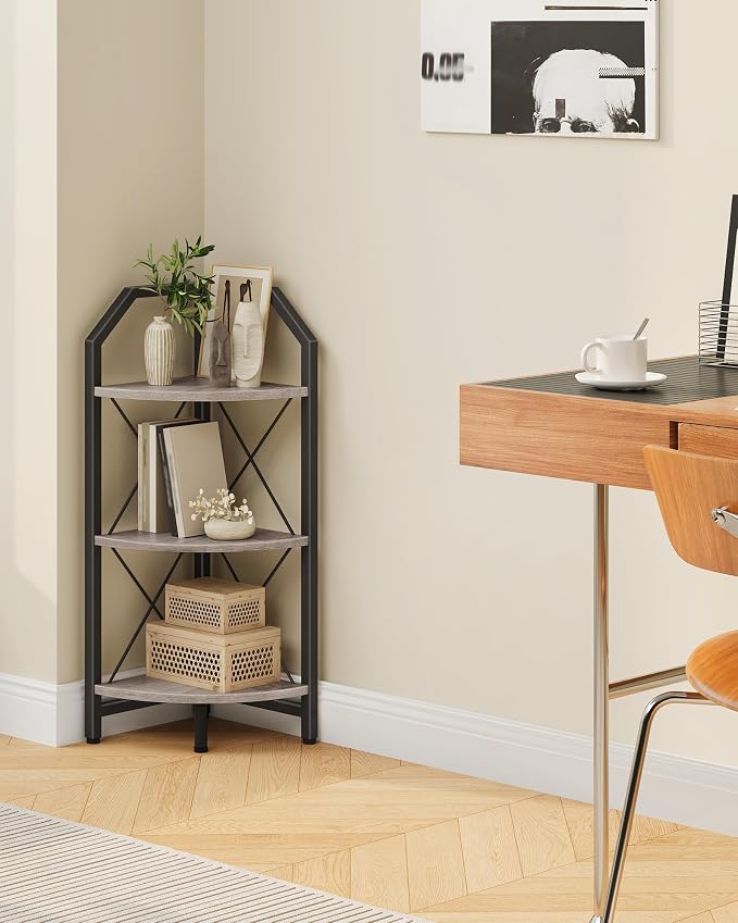 CHOEZON 3-Tier Corner Shelf, Industrial Corner Bookshelf, 35.4" Storage Stand, Plant Stand Display Shelf, Bookcase for Bedroom, Living Room, Home Office, Greige and Black TCJ03BG