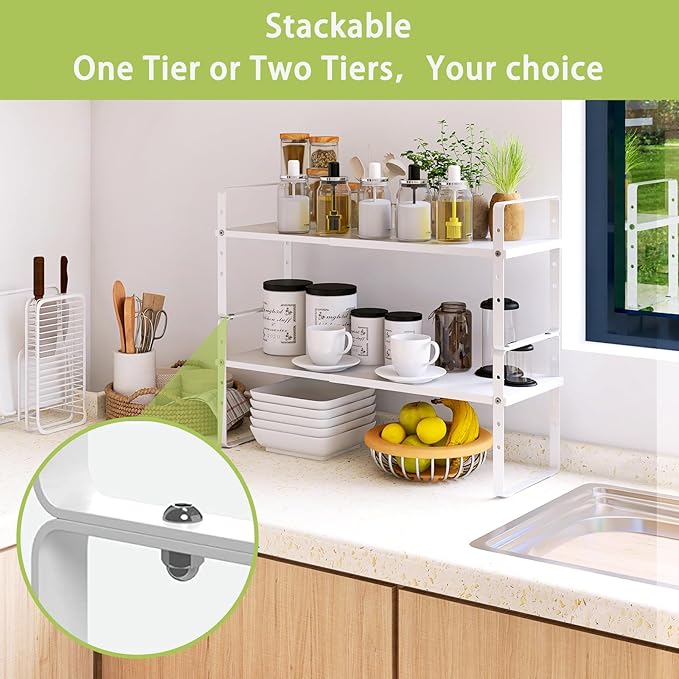 Across-Star Expandable Cabinet Shelf Organizer Rack, Stackable Kitchen Counter Storage Shelves Stand, Adjustable Height Pantry Shelf Spice Rack (White, 1 Pack)