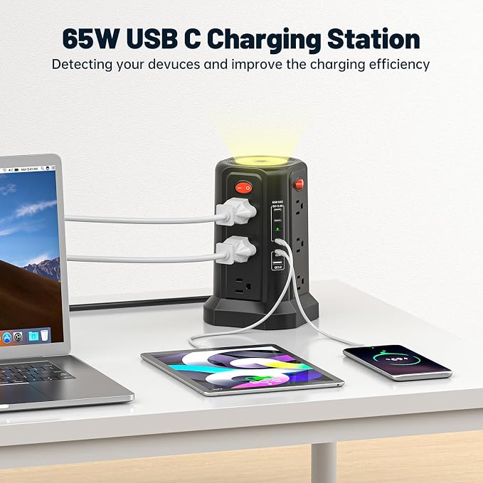 PASSUS Surge Protector Power Strip with PD 65W USB C Port, USB C Fast Desktop Charging Station with 12 Widely Spaced AC Outlets|4 USB C|1 USB A|Night Light, 10FT Extension Cord for Home Office Dorm