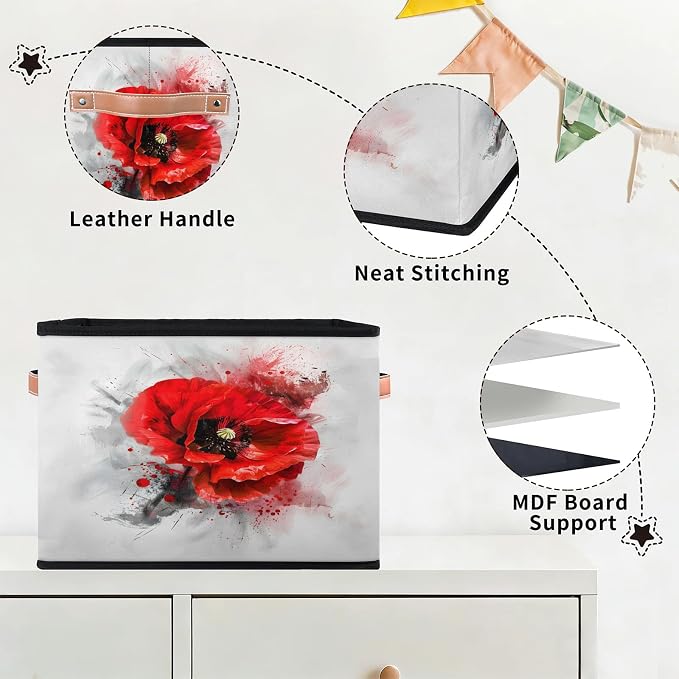 Red Flower Closet Storage Bin, Foldable Storage Baskets for Shelves, Decorative Shelf Organizer Poppy Floral Black Grey Vintage Fabric Cube Bin for Living Room Bedroom Home Dorm