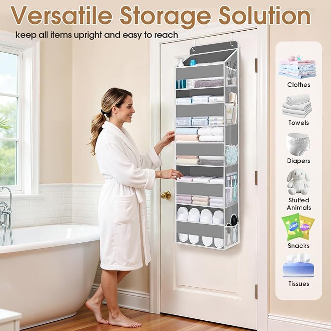 WISELIFE Over the Door Organizer Storage with 5 Large Pockets and Clear Windows, Hanging Organizer for Nursery Bedroom Bathroom Pantry Closet and Baby Essentials, Grey