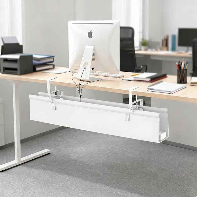 Oxford Cloth Under Desk Cable Management Tray,No-Drill 36" Desk Cable Management Organizer with Clip/Screw Installation,Fabric Cable Management for Home,Office & Gaming Computer(White)