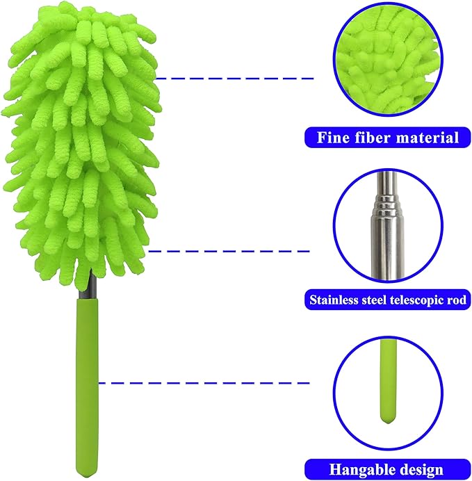 zdyCGTime Microfiber Retractable Cleaning Dust Remover, Removable and Cleanable Hand-held Dust Remover, Used to Clean Offices, Cars, Windows, Etc. (2 Pack, Blue+Green)