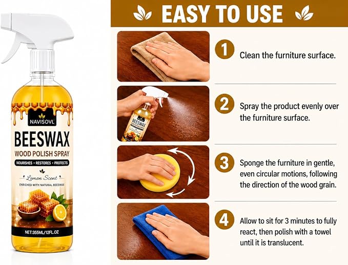 2 PCS 355ml*2, 2026 New Beeswax Wood Polish Spray Furniture Polish and Cleaner Natural Wood Polish Spray for Living Rooms Kitchens Wood Furniture Floors Cleans Restores Shine Scratches