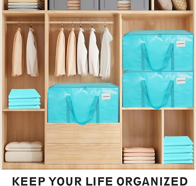 8 Pack-Extra Large Heavy Duty Moving Bags - Waterproof Storage Totes with Handles & Zippers, Foldable for College Dorm, Storage (lake blue)