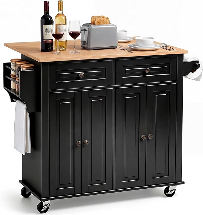 VEVOR Kitchen Island Cart with Storage, 43.58 in Wide Mobile Rolling Storage Island on Swivel Wheels, with 2 Drawers, Storage Cabinet, Drop Leaf, Spice/Towel Rack, Table for Home Dining Room, Black