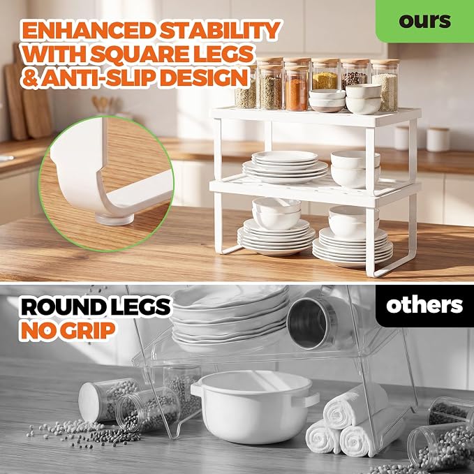 Cabinet Organizer Shelf, Countertop Risers, Kitchen Storage Rack | 2 Pack Foldable White Expandable Holders for Pantry & Bathroom, No-Tool Assembly Space-Saving Cupboard & Desk Organization