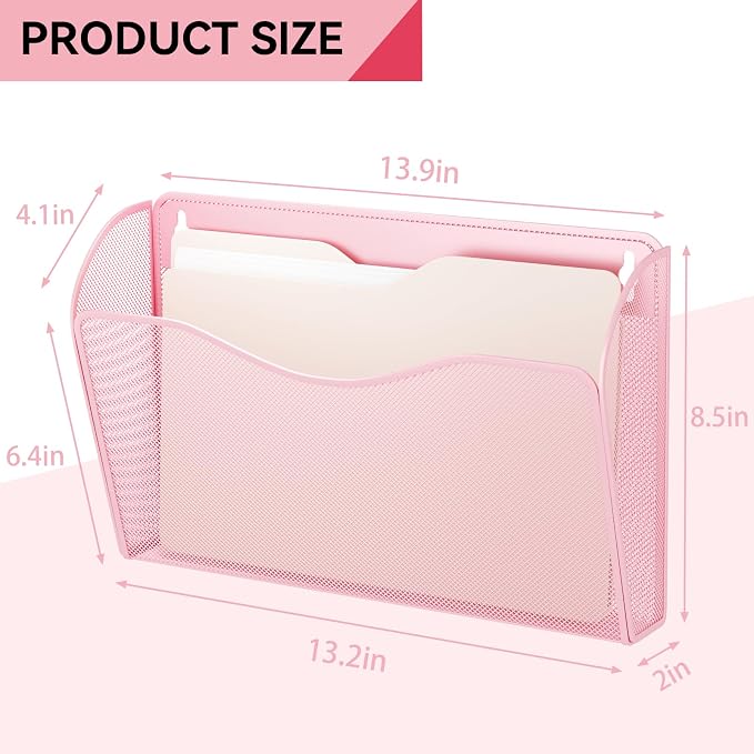 3 Single Pocket Wall File Holder, Mesh Hanging File Folder Paper Organizer, Vertical Wall Mounted Mail Basket, Storage Organization Magazine Rack for Office, Home and School, Pink