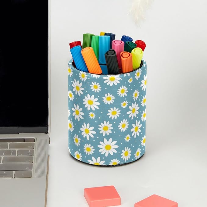 Daisy Flowers Pen Holder Pencil Organizer for Desk, 3.1” x 3.1” x 3.9” Pencil Cup Office Supplies, Large Capacity Cute Pen and Makeup Brush Holder for Home, School, Desktop