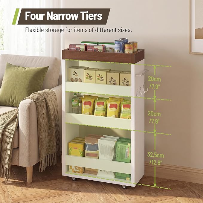 Slim Storage Cart, 4-Tier Rolling Utility Cart with Handle | Slide Out Organizer Trolley, Space Saving Narrow Shelf for Kitchen, Bathroom, Laundry Small Corners