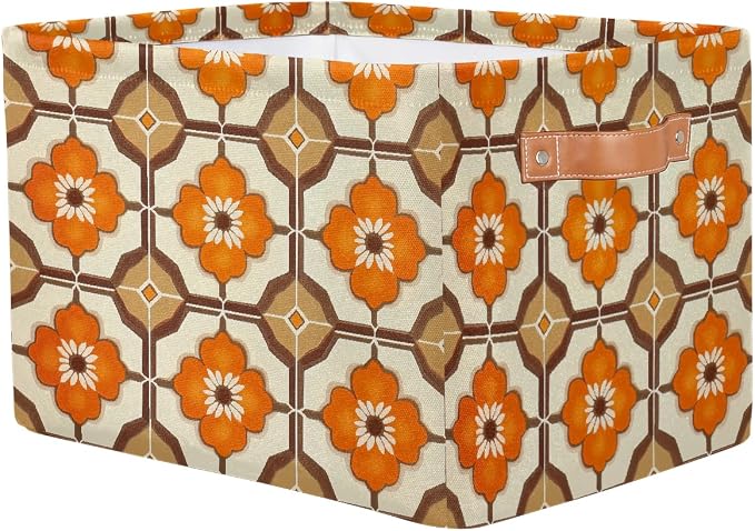Rectangular Storage Baskets Brown Orange Flower Pattern Fabric Storage Bin Toy Organizer Box with PU Leather Handles for Room Decor