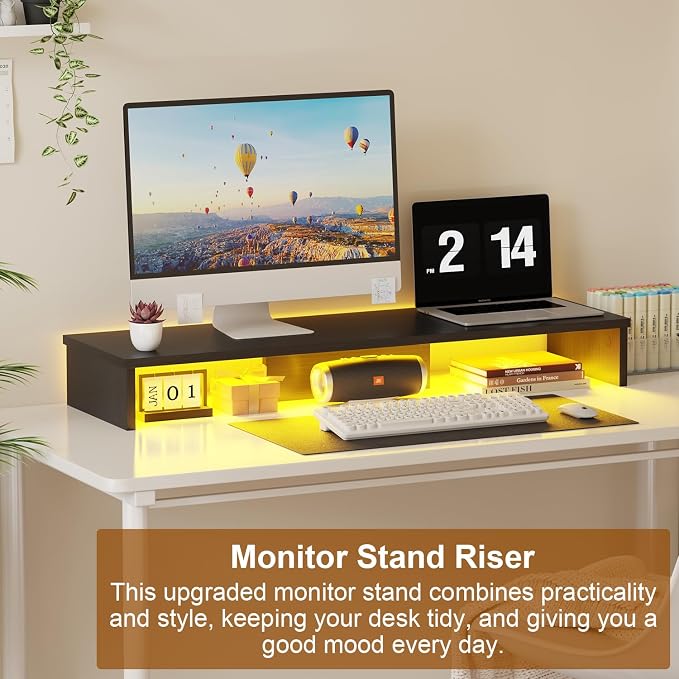 Qupui Dual Monitor Stand Riser for Desk with LED Lights, Large Computer Monitor Stand for 2 Monitors, Desk Shelf for Top of Desk, Desktop Organizer for Computer, Laptop, Printer, TV