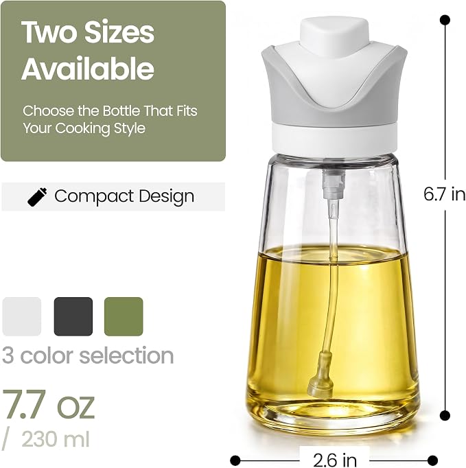 Olive Oil Dispenser for Kitchen 2-in-1 Pour and Spray | 7.7 oz / 230 ml | Glass Olive Oil Sprayer for Cooking, Airfryer, Salad & BBQ | Set of 2 Bottles, White