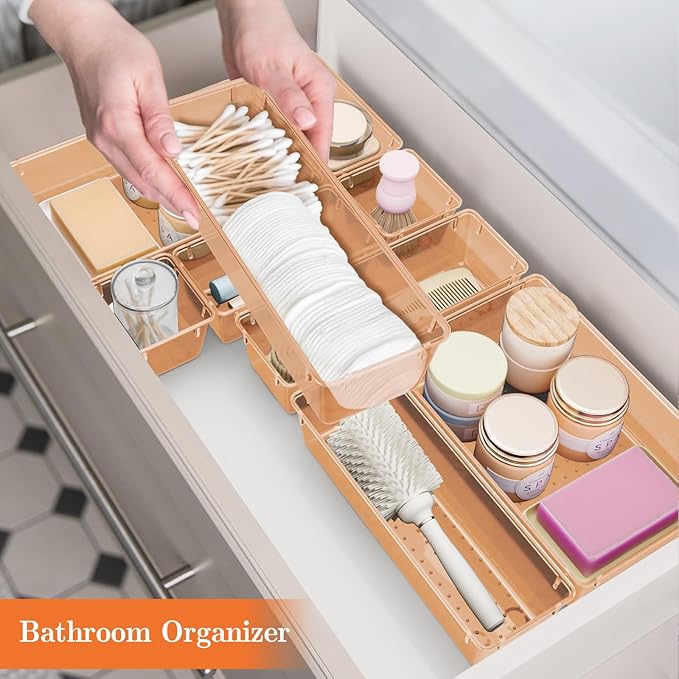 SpaceHacks 25 PCS Plastic Drawer Organizer Set, 4-Size Versatile Organizer Trays & storage Bins for Makeup, Jewelry, and Gadgets in Bathroom, Bedroom and Office,Orange