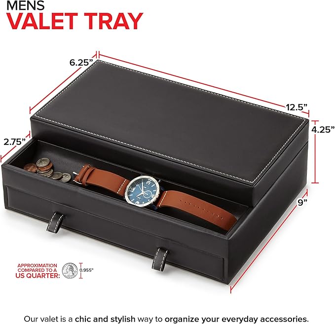 Stock Your Home Mens Valet Tray, Men's Jewelry Box, Night Stand Organizers and Storage, Bedside Table Organizer, Watch Box for Dresser, Faux Leather (Black & Gray)