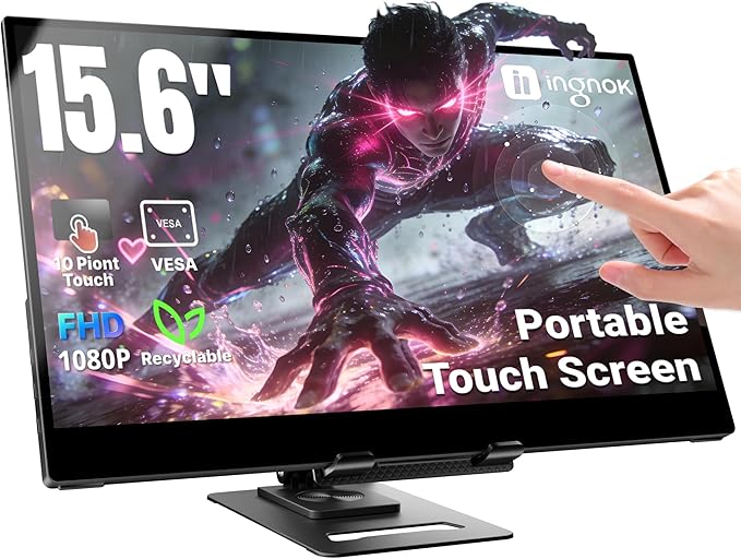 Ingnok Touchscreen Monitor for Laptop,Dual USB C,15.6Inch FHD 1080P | 10 Point Touch,USB C mini HDMI for Laptop,Mac,mini PC,Built in Speakers,with Adjustable Stand,VESA,Lightweight,Eyecare