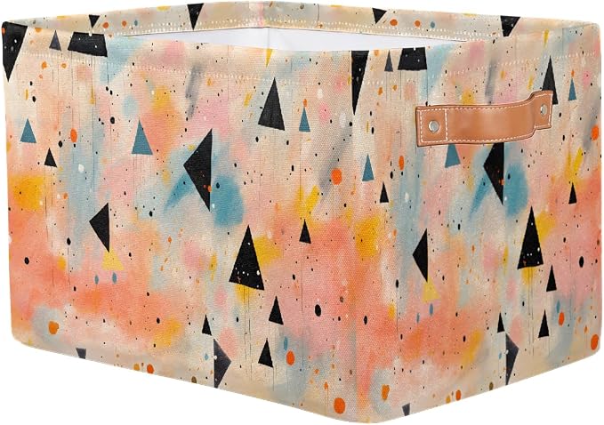 Rectangular Storage Baskets Abstract Colored Triangle Fabric Storage Bin Toy Organizer Box with PU Leather Handles for Room Decor