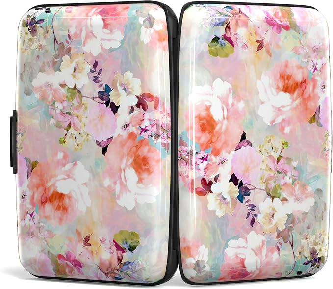 Credit Card Holder for Women, Small RFID Metal Credit Cards Wallets Cute Business Card Holder Pocket ID Case, Pink Flowers