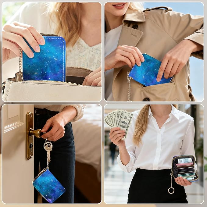 Credit Card Holder for Women,Small Rfid Wallet with Keychain Zipper,Cute PU Leather Card Case Wallet，Accordion Credit Card Wallets Gift,Blue Starry Sky C