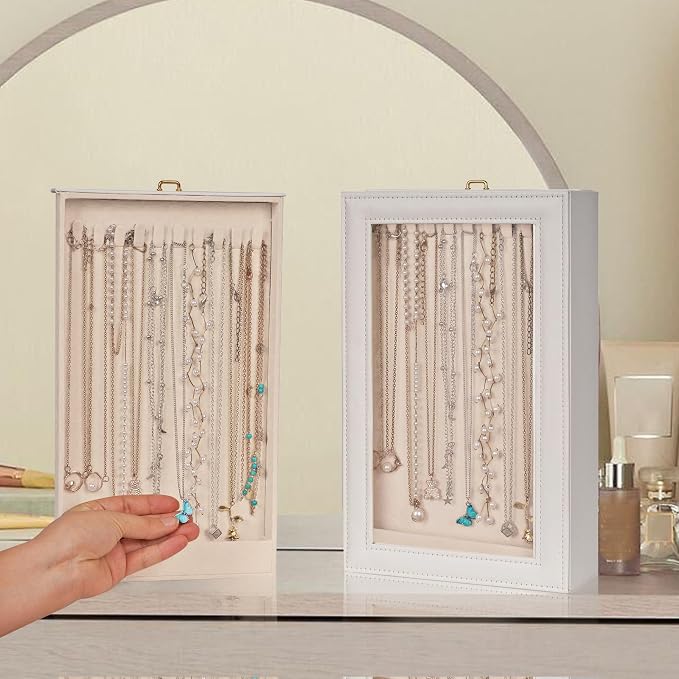 2-Layer Necklace Organizer Box with Double-Sided Clear Lid, White | Jewelry Storage Case, Anti-Tangle Necklaces Display Holder for Pendants Bracelets, Jewelry Organizer for Women Girls