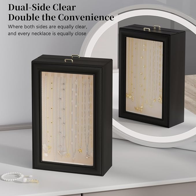 2-Layer Necklace Organizer Box with Double-Sided Clear Lid, Black | Jewelry Storage Case, Anti-Tangle Necklaces Display Holder for Pendants Bracelets, Jewelry Organizer for Women Girls