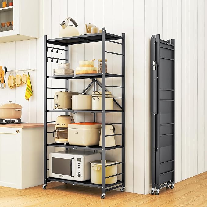 Fenbeli Foldable Shelves with Wheels - 5 Tier Folding Shelf, Collapsible No Assembly Metal Shelving Unit, Origami Storage Shelves & Rolling Storage Rack with 8 Hooks for Kitchen Pantry Garage